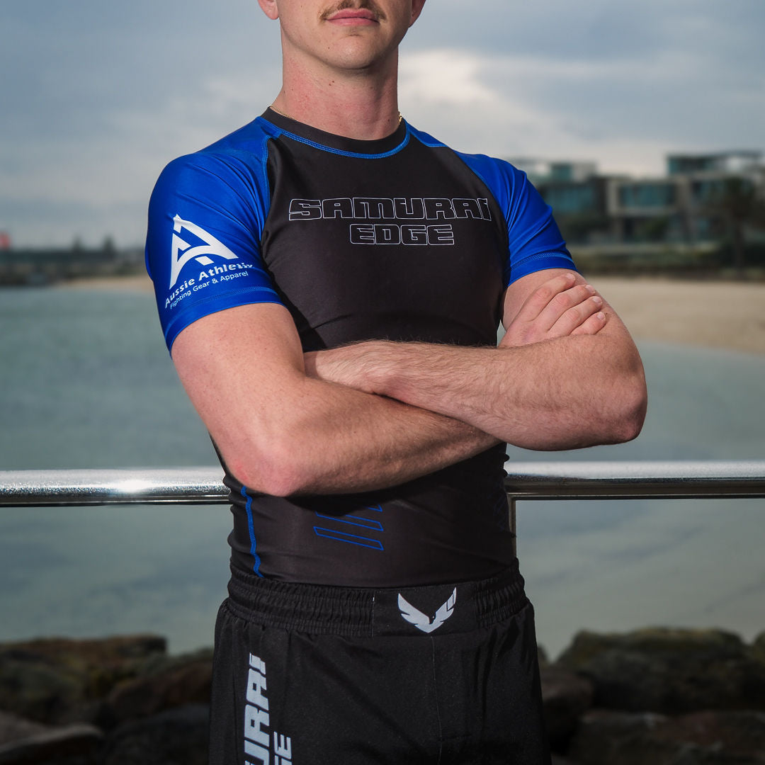 Premium Blue Ranked Rash Guard - Samurai Edge IBJJF Legal